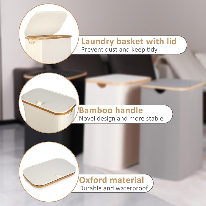 iEGrow 65L Slim Laundry Hamper, Narrow Laundry Basket with Lid,Foldable Clothes Hamper with Bamboo Handles,Hamper Basket with Removable Inner Bag for Laundry Room Bedroom College Dorm,17.17 Gals Beige - Image 4