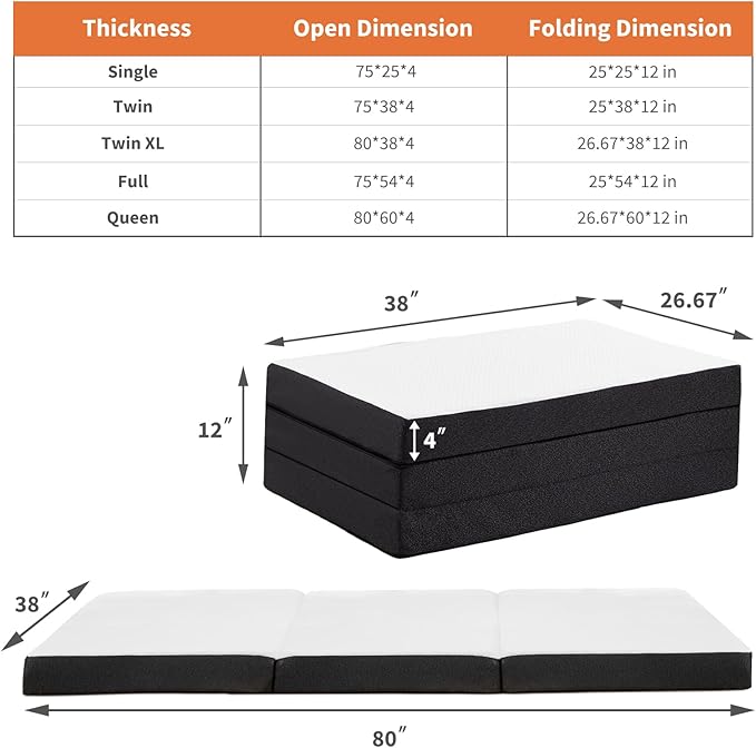 Sweetcrispy Tri-Fold Memory Foam Mattress with Collapsible and Washable Cover, Portable Floor Bed with CertiPUR-US Certified, for Travel & Yoga, Guest Mat