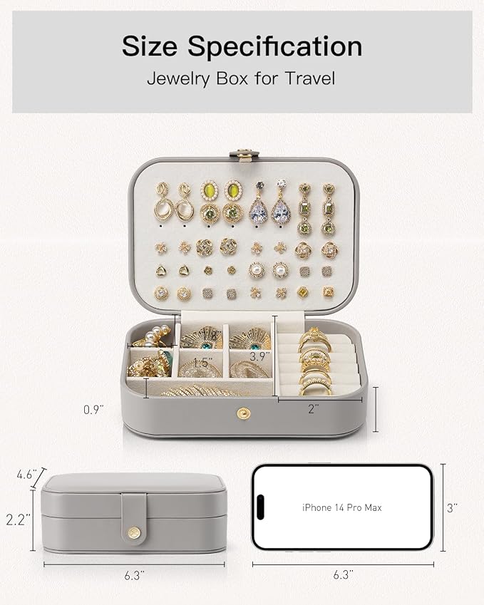 VLANDO Travel Jewelry Case, PU Leather Travel Jewelry Box with Earring Holder, Portable Display Small Jewelry Box for Mothers Day Women Girls Gift - Grey - Image 9