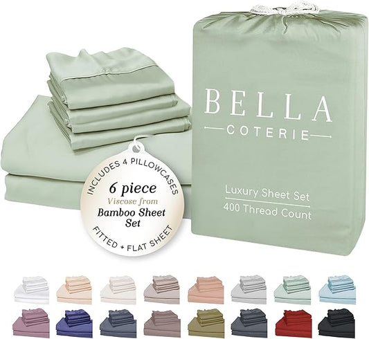 Bella Coterie 6 Piece Luxury Bamboo Viscose King Size Sheet Set | 100% Organically Grown | Cooling for Hot Sleepers | 18" Deep Pocket | Soft & Hypoallergenic | 4 Pillowcases [Sea Glass]