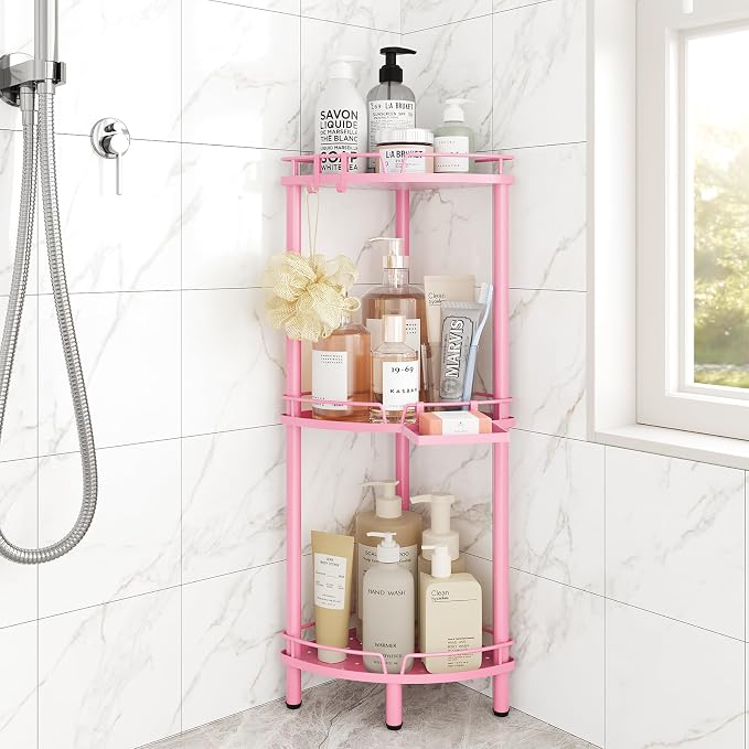 ELYKEN Corner Shower Caddy Standing, 3 Tier Rustproof Metal Shower Organizer with Soap Holder, Floor Shower Corner Shelf Rack Storage Stands with Adjustable Feet & 2 Hooks for Bathroom, Pink by ELYKEN