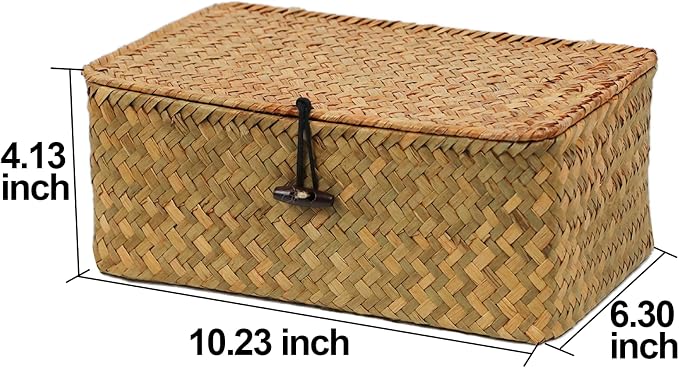 Wicker Basket with Lid, Natural Seagrass Storage Baskets for Organizing, Woven Basket for Storage, Decorative Boxes Bins with Lids Home Organizer Decor (‎Natural, Small) - Image 4