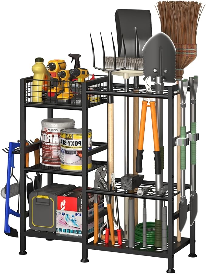 keomaisyto Garden Tool Organizer With Basket - 3 Tier Yard Storage Rack for Garage Organization, Heavy Duty Holder With 35 Long-Handled Slots for Shed, Yard, Garage by keomaisyto