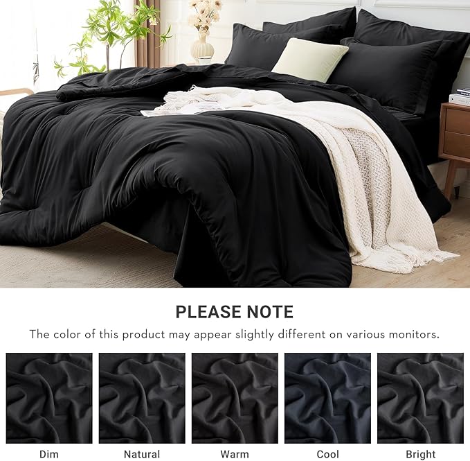 MUXHOMO 7 Pieces California King Comforter Set, Soft Bed in a Bag Cal King Size, All Season Bedding Set with Comforter, Flat Sheet, Fitted Sheet, Pillowcases & Shams, Black
