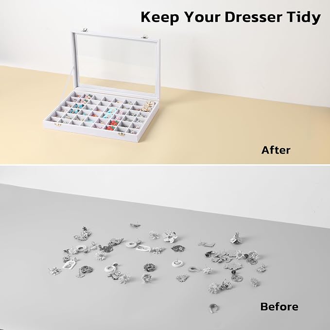 Frebeauty 40 Grid Jewelry Tray,Adjustable Earring Holder Organizer with Glass Lid,Velvet Drawer Jewelry Organizer for Rings,Studs,13.8 x 9.5 x 2 Inches Jewelry Display Box,Gift for Women(White) - Image 5