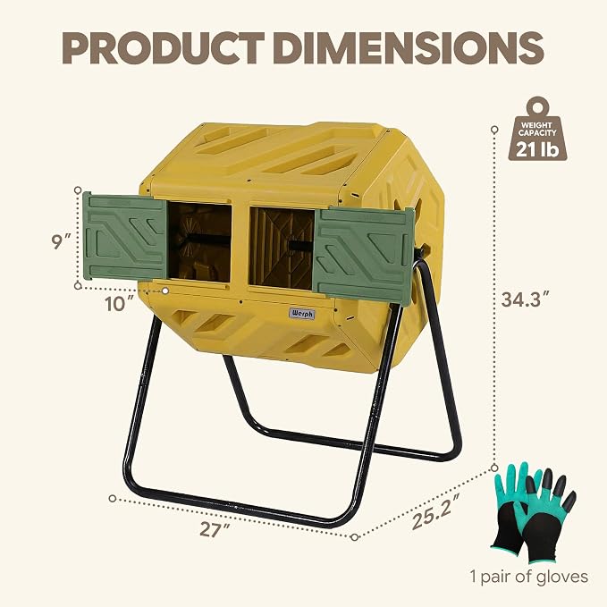 Werph Updated 43 Gallon Dual-Chamber Compost Bin, Fast Assembly Outdoor Compost Tumbler, Rotating Batch Composter Bin with Gloves for Garden, Kitchen, and Yard - Image 3