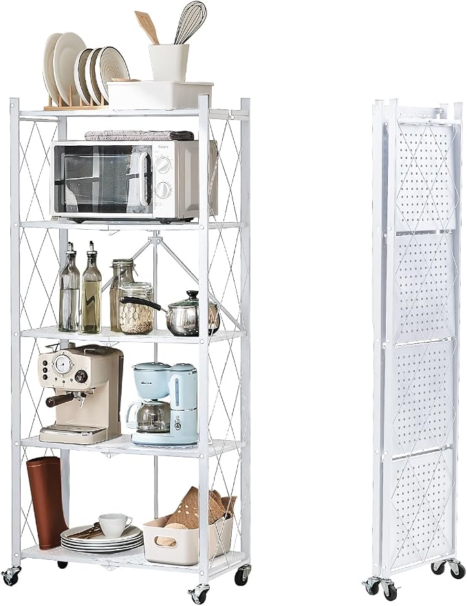 BRIAN & DANY 5-Tier Foldable Storage Shelves with Wheels, Folding Metal Rack Shelving Unit, Heavy Duty No Assembly Organizer Shelf for Garage, Kitchen, Basement, Pantry, White by BRIANDANY