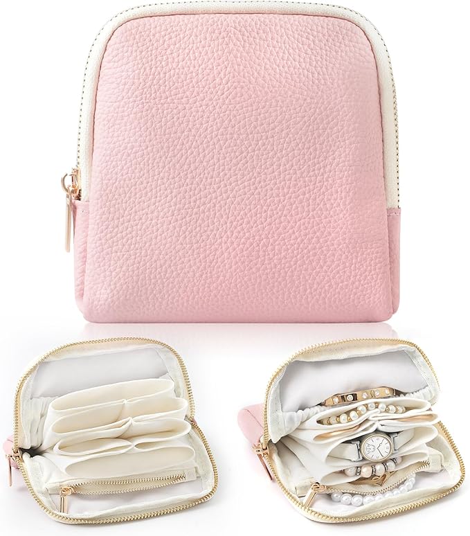 Genuine Leather Travel Jewelry Organizer Case Pouch Bags with Zipper, Small Mini Portable Jewelry Storage Bag for Ring Earrings Necklace Bracelet Travel Essentials Gift for Women（Pink） by NGVRC