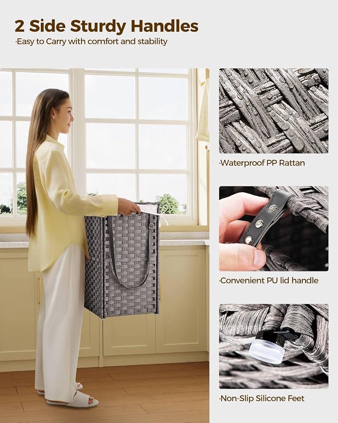 Greenstell Laundry Hamper with Wheels, No Install Needed, 110L Divided Handwoven Hampers & 2 Removable Liner Bags, Rattan Clothes Laundry Basket with Lid & Handles, Foldable Hampers Gray 22x13x26.4 In - Image 6