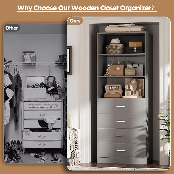Aheaplus Closet Drawers System, 21.3" Wood Closet Organizer System with 4 Drawers, Modular Walk-in Closets System Storage Unit, Small Closets Wardrobe Rack, Tall Storage Cabinet Unit, Grey1 - Image 7