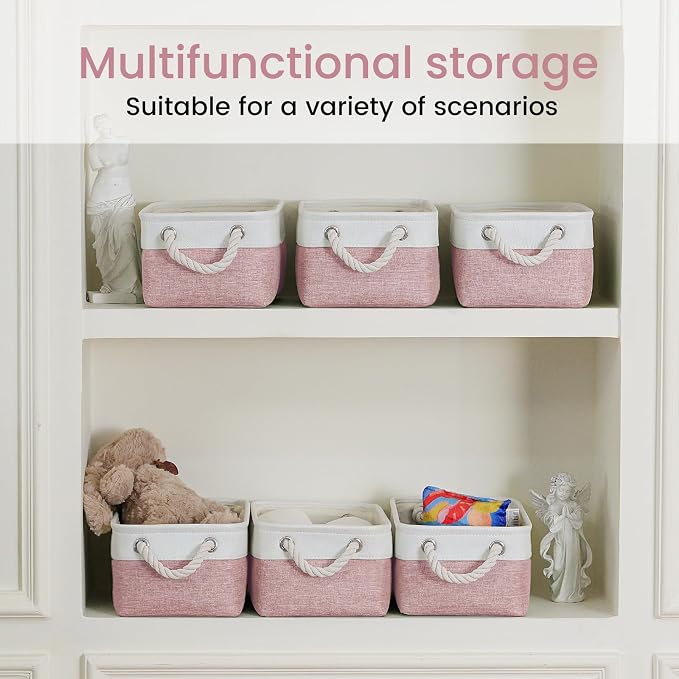 Storage Baskets for Shelves 11.8x7.9x5.2 Inch, Foldable Fabric Storage Bins with Handles, Small Storage Baskets for Organizing Closet, Office, Home Organization (3-Pack, White&Pink) - Image 6