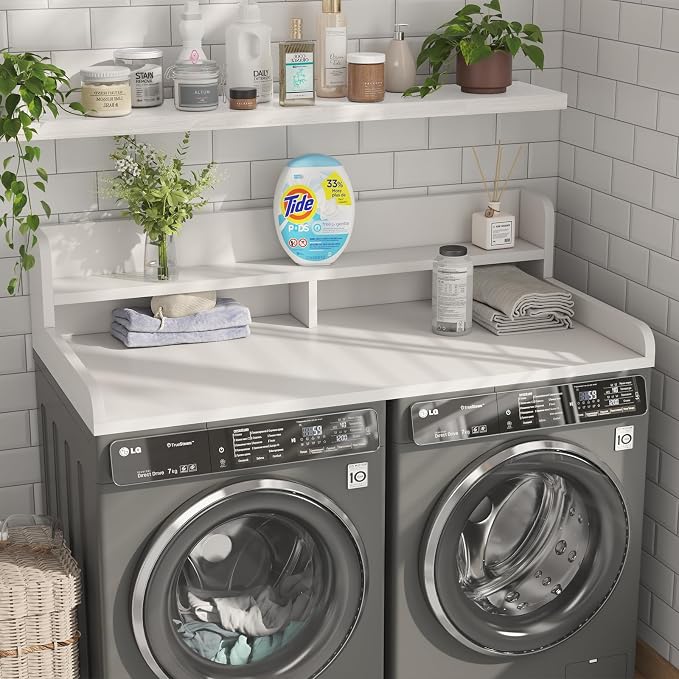 2-Tier Washer Dryer Countertop with 2.75"H Edge Rails, 54" W x 27.55" D Laundry Countertop for Folding Clothes, Washer and Dryer Topper with Non-Slip Pad (White) - Image 2