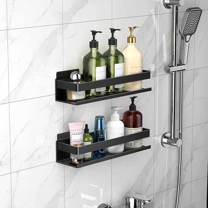 Aluminum Shower Caddy 2-Pack 11.8in, Stick-on Bathroom Rack, Thickened and Sturdy Bathroom Storage Rack wall-Mounted, no Punching and no Drilling Installation Methods(2 Layers 11.8in) - Image 4