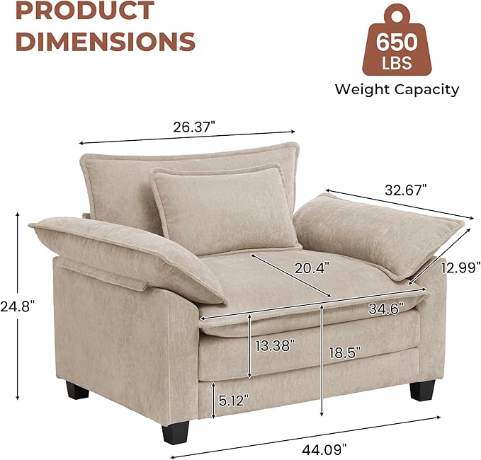 Modern Oversized Accent Chair,Chenille Cloud Sofa Chair with Deep Seat,Upholstered Armchair with Extra Thick,Comfy Reading Chairs for Living Room Bedroom Apartment Khaki