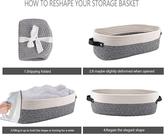 Small Cotton Rope Woven Basket Toilet Paper Baskets for Organizing Decorative Basket for Boho Decor Small Storage Basket 13"x5.9"x4" Variegated Gray&White - Image 7