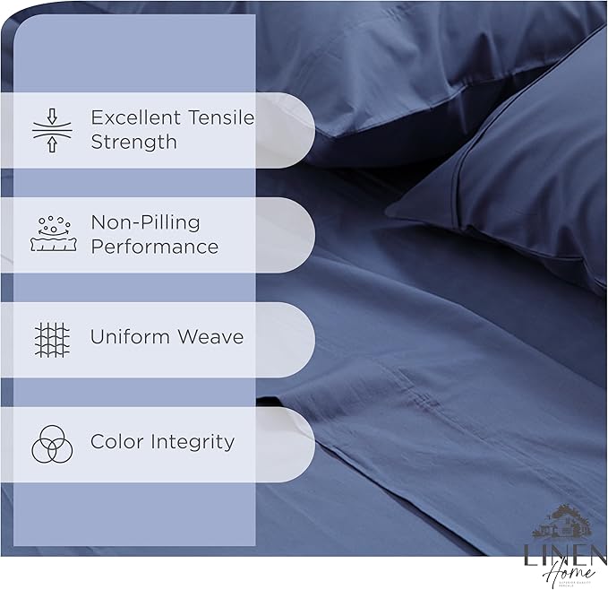 Linen Home 100% Cotton Percale Sheet Set, Twin Size, Dark Blue, Deep Pocket, 4 Pieces Set - 1 Flat, 1 Deep Pocket Fitted Sheet and 2 Pillowcases, Crisp Cool and Strong Bed Linen