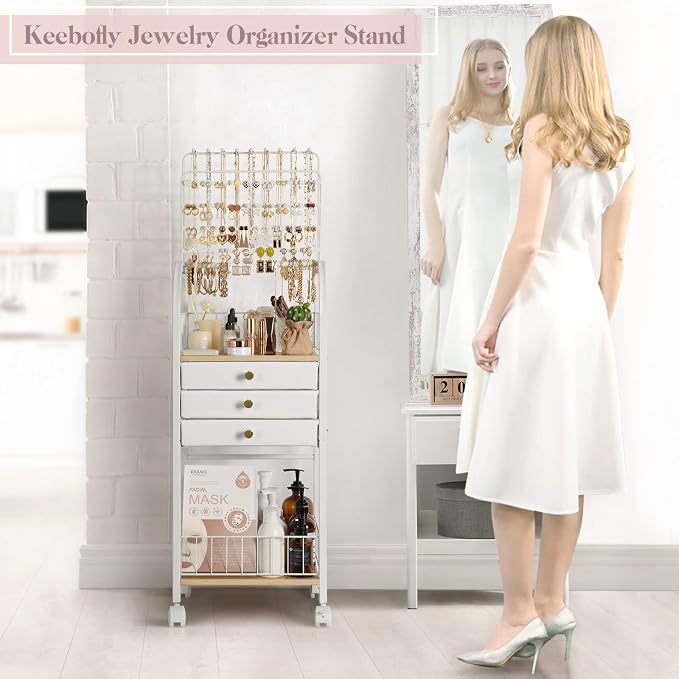 Keebofly Jewelry Organizer Stand with 3 Drawers, Large Necklace Holder & Earring Organizer Rack, Wooden Jewelry Tree Tower for Rings, Bracelets, Sunglasses and Skincare, Gift for Women, White - Image 2