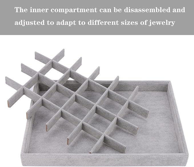 Large Velvet Jewelry Tray, Drawer Organizer for Jewelry in Dresser, Stackable Jewelry Drawer Organizer Inserts for Earring Necklace Bracelet Rings(Grey,24grid) - Image 3