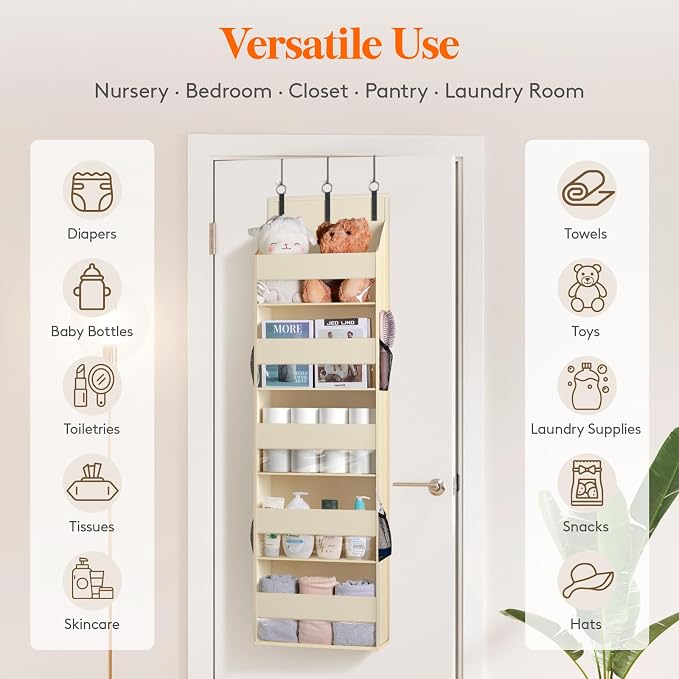 Lifewit 1 Pack Over the Door Organizer, Clear Window Hanging Storage with 4 Side Pockets, Anti Tilt 40 lbs Load Behind Door for Pantry, Nursery, Bathroom, Bedroom, Dorm, 5 Section, Beige - Image 6