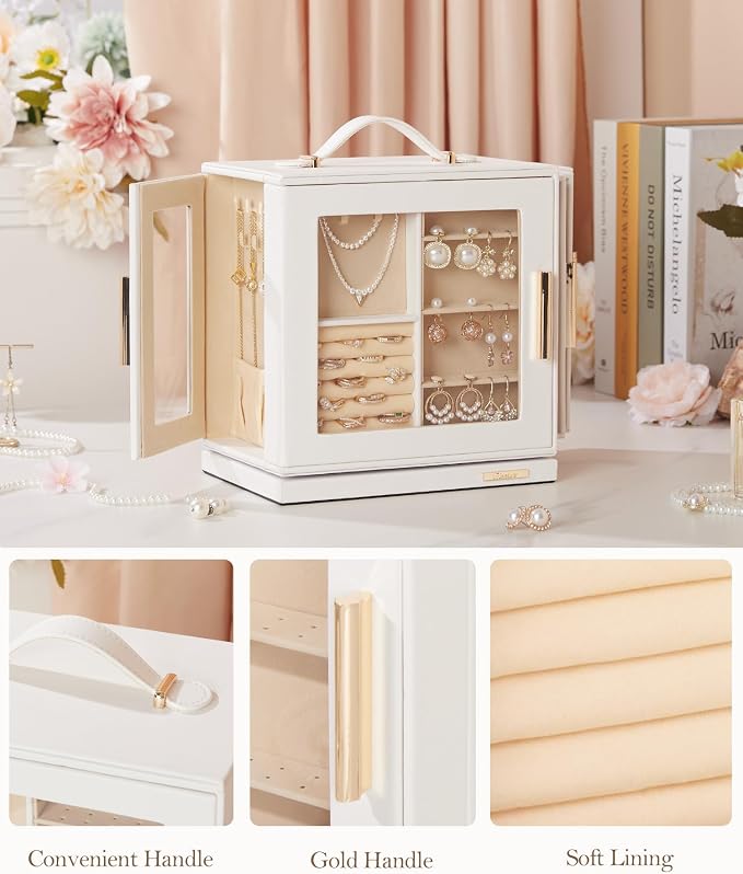 Homde Mothers Day Gifts Jewelry Box 360° Rotating, Necklace Earring Organizer with Transparent Window, Mirror, 7 Drawers, Large Ring Display Storage Case for Girls Women (White) - Image 5