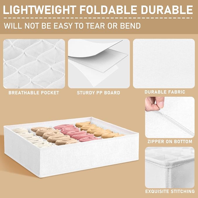 Criusia 3 Pack Sock Underwear Drawer Organizer Dividers, 64 Cell Fabric Foldable Cabinet Closet Organizers and Storage Boxes for Storing Socks, Panties, Ties (16+24+24 Cell, White) - Image 5