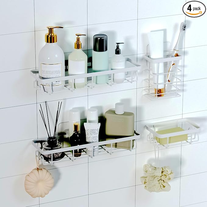 Shower Caddy Organizer with Hooks,Self Adhesive Bathroom Shelves,No Drilling Bathroom Organizers and Storage,Perfect for RV, Apartment, Home Decor,White 4PCS by Unknown