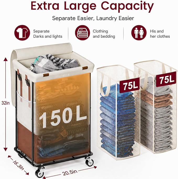 Double Laundry Hamper with Lid, Rolling Laundry Basket with Wheels and 2 Removable 75L Bags, 2 Section Large Capacity for Laundry Bedroom Bathroom Dorm, Easy Move & Organize,150L White - Image 2