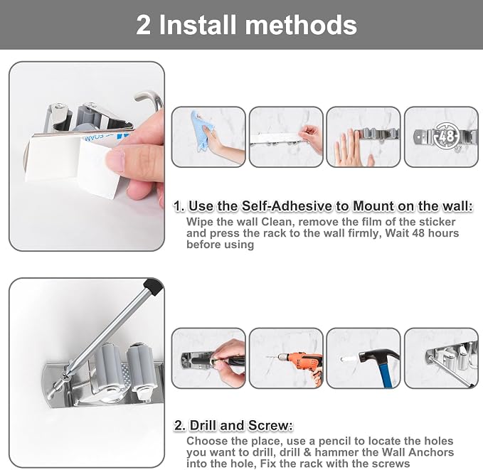 HANZENMA Broom Holder Wall Mount, Broom Organizer Wall Mount Stainless Steel Broom and Mop Hanger Heavy Duty Storage Organization for Home Kitchen Garden Garage Room 5 Racks 4 Hooks - Image 7