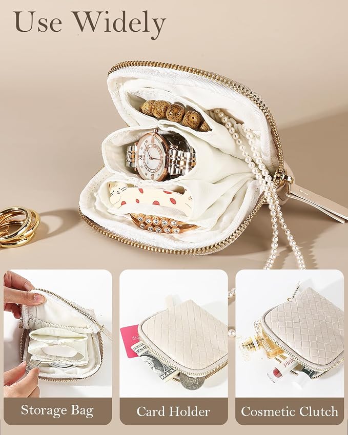 COOLYOUTH Travel Jewelry Case Organizer for Women Portable Jewelry Box with Small Pouches Mini Jewelry Bag for Rings, Bracelets, & Bangles with Smooth Metal Zipper (White Chocolate) - Image 4