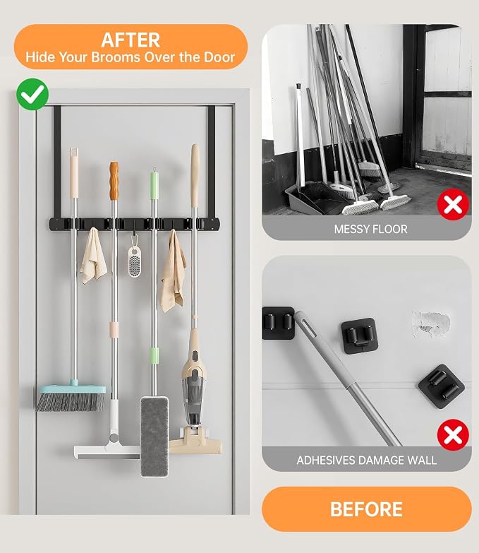 Broom Holder Over The Door - 304 Stainless Steel Mop and Broom Holder Wall Mounted or Hanging Over The Door with Hooks - Broom Hanger, Broom Storage Tool Organizer for Garage Closet Laundry - Image 2
