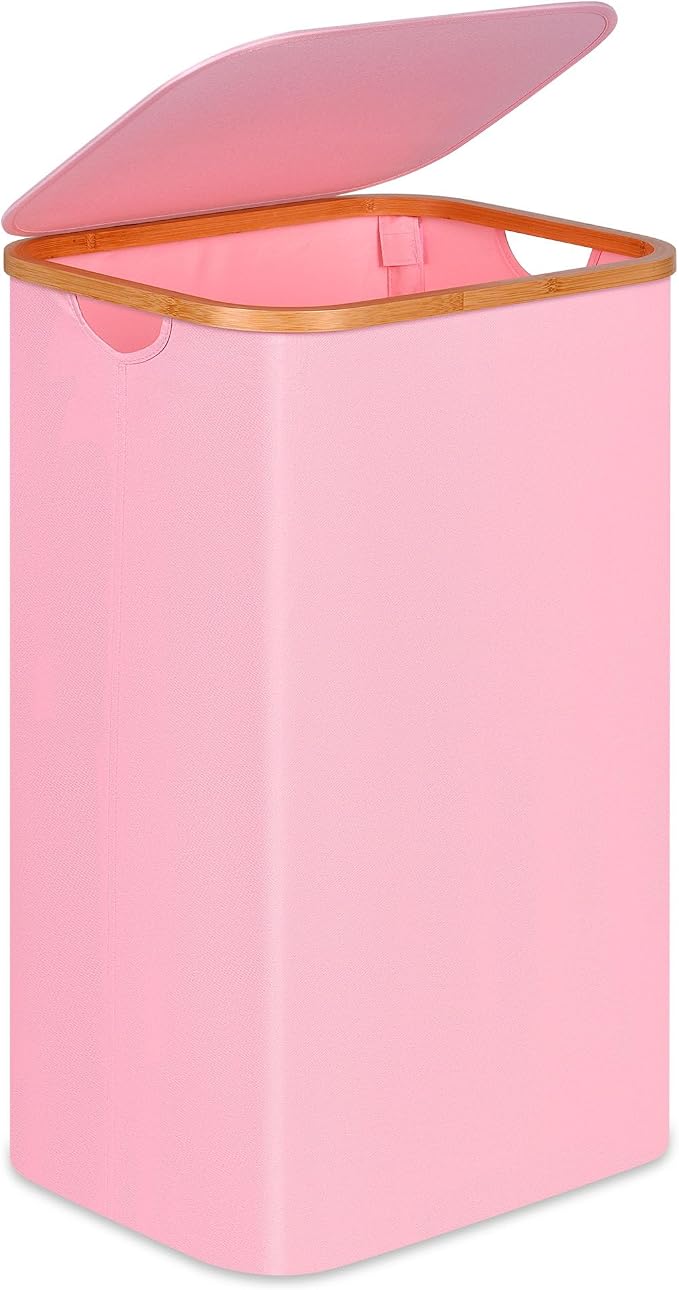 100L Laundry Hamper with Lid, Lagre Basket with Bamboo Handles,Foldable Clothes Hamper Tall Dirty Laundry Basket for Clothes Toys Towels Organizing,Pink by Merkisa