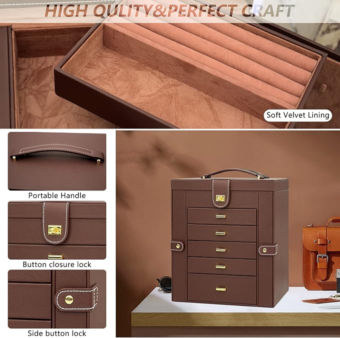 AKOZLIN Extra Large 6-Tier Jewelry Box Organizer with Mirror, 5 Drawers Leather Jewelry Storage Case for Women Girls Ring Necklace Earring Bracelet Brown - Image 6