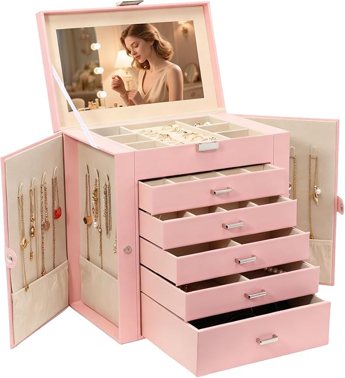 BOOVO Jewelry Box For women, 6 Layer Large Jewelry Organizer With Mirror, Multi-Function Storage Box With Lock, Necklace Holder With 5 Drawers, For Earrings Necklace Bracelet (Silver and Pink) by BOOVO