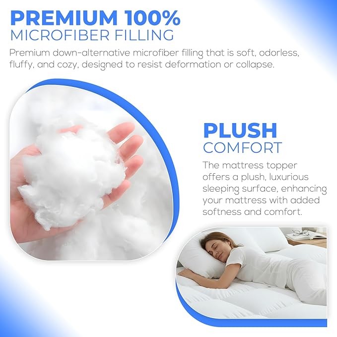 Mattress Topper Queen, Plush Pillow Top Extra Thick Mattress Pad Cover, Quilted Fitted Mattress Protector with Deep Elastic Pocket, Overfilled Down Alternative Filling Soft Bed Toppers