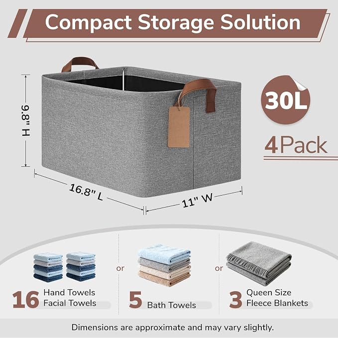 CHICVITA 4 Pack Large Storage Baskets for Shelves, Foldable Storage Bins for Clothes Towels Organization, Toy Organizer Bins for Nursery, Living Room, 16.8" x 11" x 9.8", Gray - Image 3