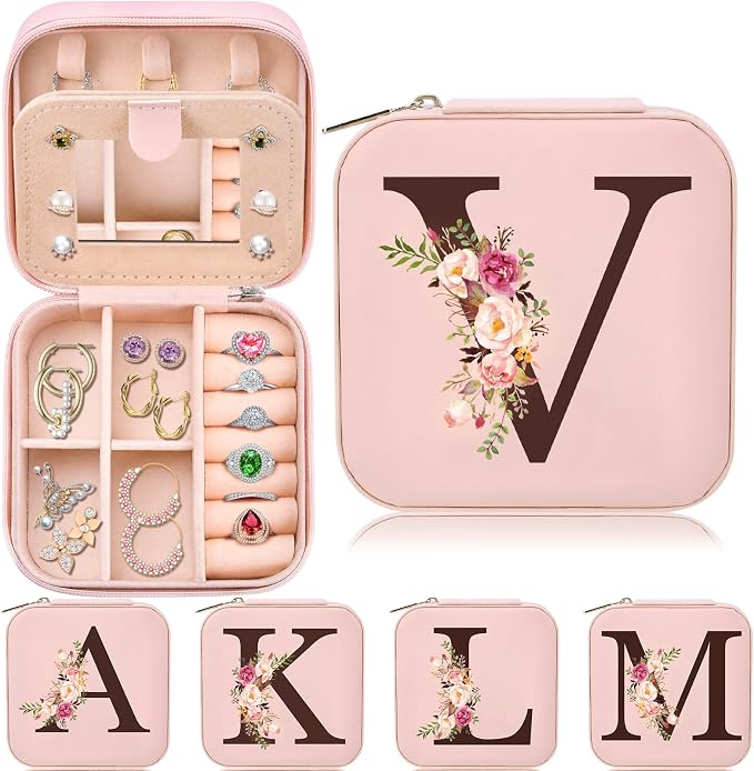 Small Travel Jewelry Case for Women, Initial Travel Jewelry Case Box Organizer Personalized Gifts, Fashion Travel Essentials Trendy Stuff for Teen Girls, Pink V by Inngeroo