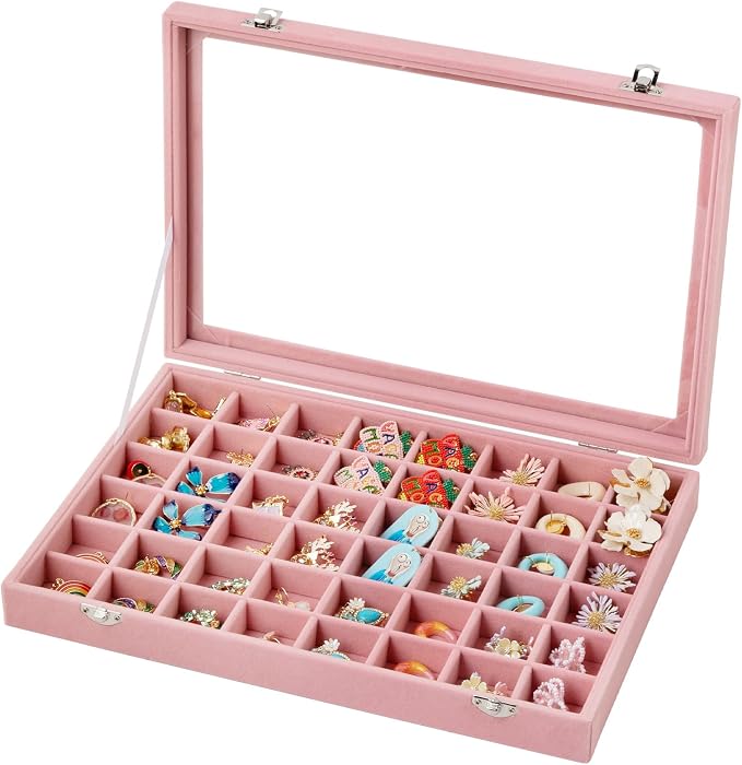 Frebeauty 48 Grid Jewelry Tray,Adjustable Earring Holder Organizer with Glass Lid,Velvet Drawer Jewelry Organizer for Rings,Studs,13.8 x 9.5 x 2 Inches Jewelry Display Box,Gift for Women(Pink) by Frebeauty