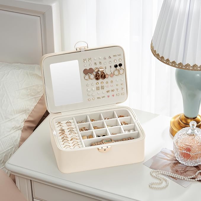 Lolalet 2 Layer Jewelry Box with Lock and Key for Teen Girls & Young Women, Jewelry Organizer Case with Round Clasp and Mirror for Earrings Rings Necklaces Storage, Gift Idea -Cloud White - Image 6