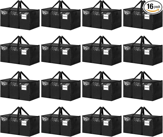 16 Pack Extra Large Heavy Duty Moving Bags, Black Storage Bins with Lids, Reinforced Handles & Heavy-Duty Zippers Moving Boxes Storage Bags Totes for Clothes Packing, Dorms, College Supplies, Black by ukeetap