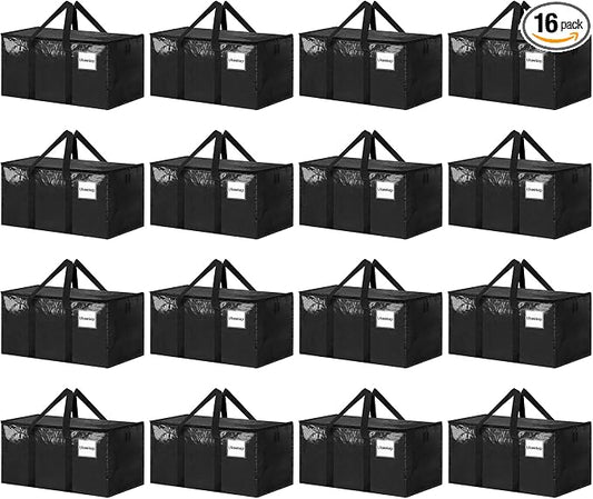 16 Pack Extra Large Heavy Duty Moving Bags, Black Storage Bins with Lids, Reinforced Handles & Heavy-Duty Zippers Moving Boxes Storage Bags Totes for Clothes Packing, Dorms, College Supplies, Black by ukeetap