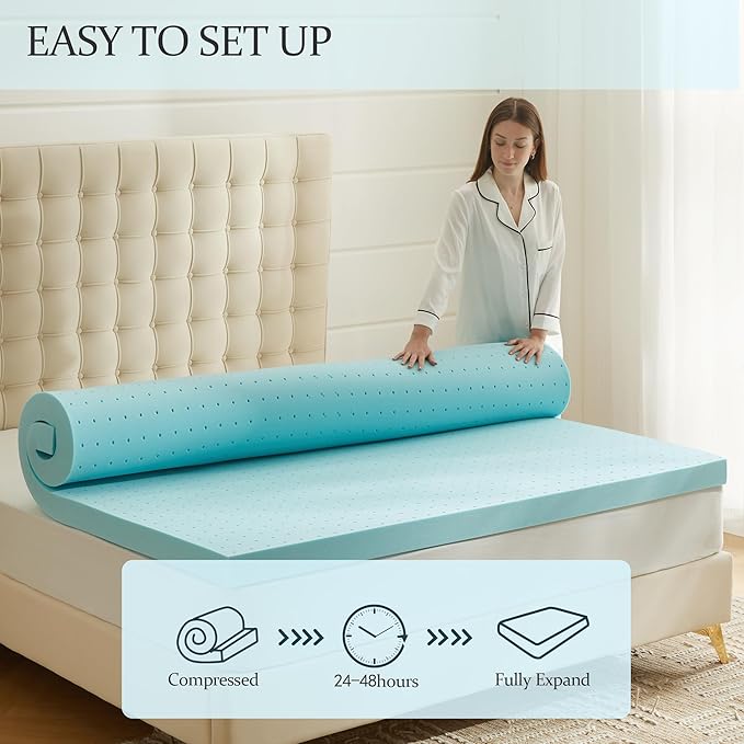 3 Inch Memory Foam Mattress Topper Full, Mattress Pad Gel Infused Foam Bed Topper, Ventilated Soft Blue,Full Size