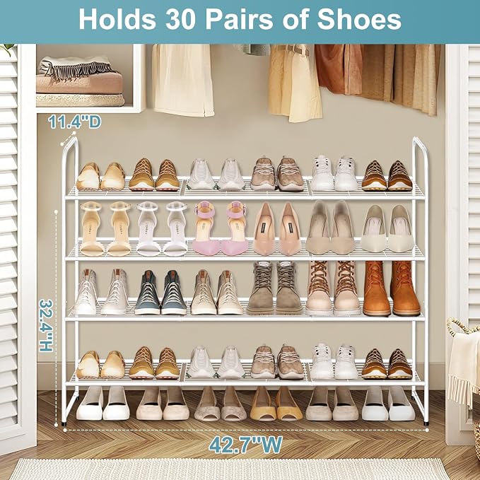 AOODA 4 Tier Long Metal Shoe Rack for Closet Wide Stackable Shoe Storage Organizer for Entryway, Bedroom, Floor, Holds 30 Pairs Men Sneakers Large Boot Shelf with Wire Grid, White - Image 3