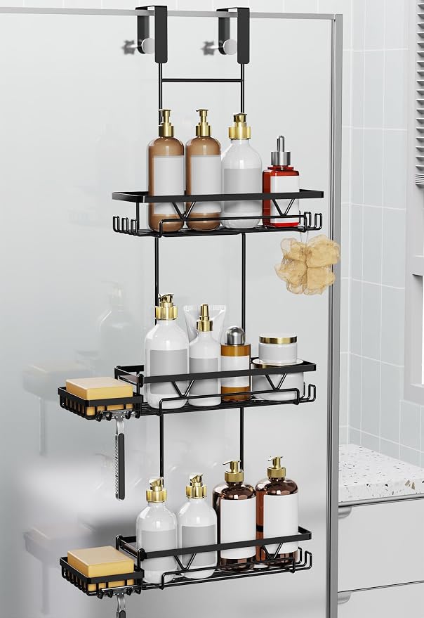 KEGII Shower Organizer Hanging Over the Door, 3 Tier Large Capacity Shower Caddy with 2 Soap Holders & Razor Holders, 18 Hooks & 4-in-1 Dual Hooks, Adjustable Rustproof Bathroom Rack, Black by KEGII