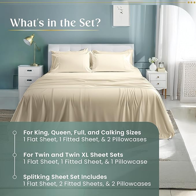 King Sheets Deep Pocket King Sheet Set, 100% Cotton Bed Sheets, 800TC 4PC Sateen Weave Luxury Bedding Sheet & Pillowcase Sets, Soft & Comfy Naturally Cool, No Pill Machine Washable - Ivory