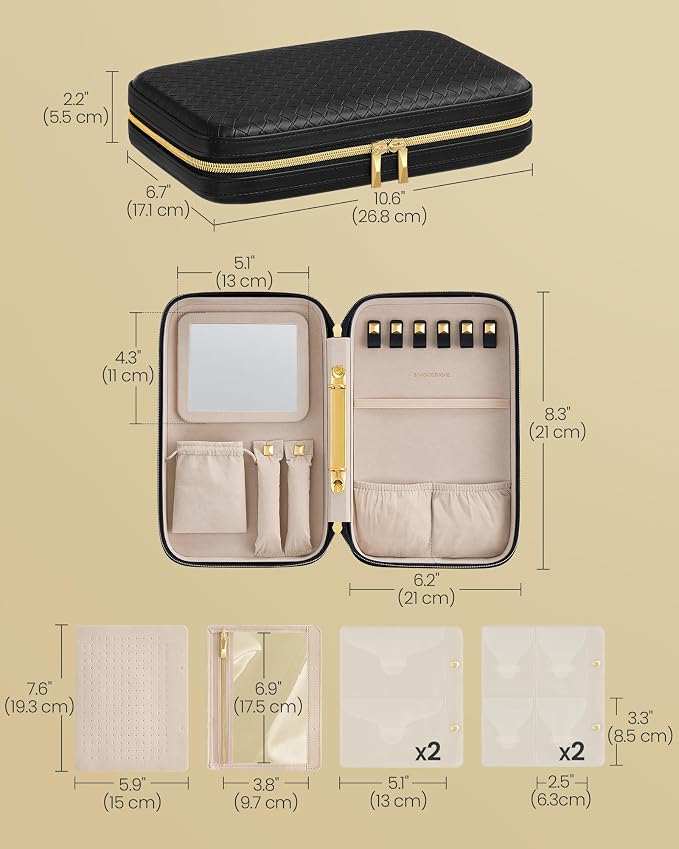 SONGMICS HOME Travel Jewelry Case, Jewelry Organizer Box with Mirror, Jewelry Pouch, Woven Embossed PU Leather, Hard Shell, Large Capacity, Gift Idea, Ink Black UJBC204B01 - Image 5