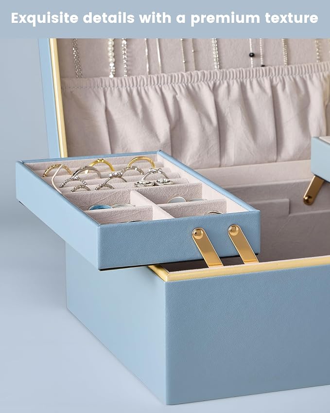 Lolalet Jewelry Box Organizer for Women Girls, 2 Layer Jewelry Organizers and Storage for Necklace Earrings Rings Bracelets, Large Jewellery Holder Case Birthday Mothers Day Gifts -HazeBlue - Image 5