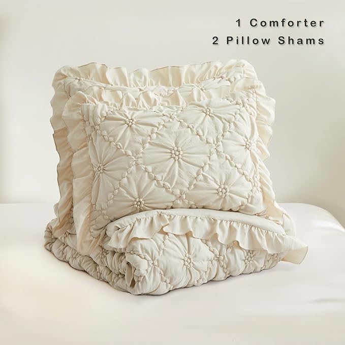 BEDAZZLED King Size Comforter Sets, Beige Bedding Comforter Set, 3 Pieces Pinch Pleat Bedding Sets with Comforter and Pillowcases Soft Farmhouse Shabby Chic Comforter for All Season