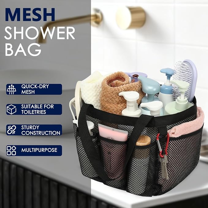 GYEUKHAM Large Mesh Shower Caddy Portable with 8-Pocket for College Dorm Room Essentials,Quick-Dry Handing Shower Basket Tote Bag for Toiletry, Bathroom,Beach,Camp,Gym,Black - Image 2