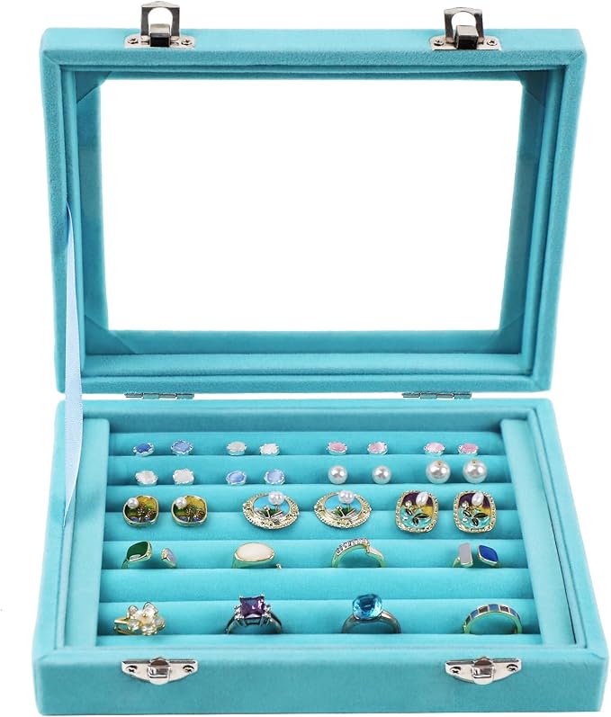 Jewelry Box Rings Organizer Tray 7 Slots Velvet Jewelry Earring Storage Box With Transparent Lid Jewelry Display Case for Girls Women (Light Blue) - Image 3