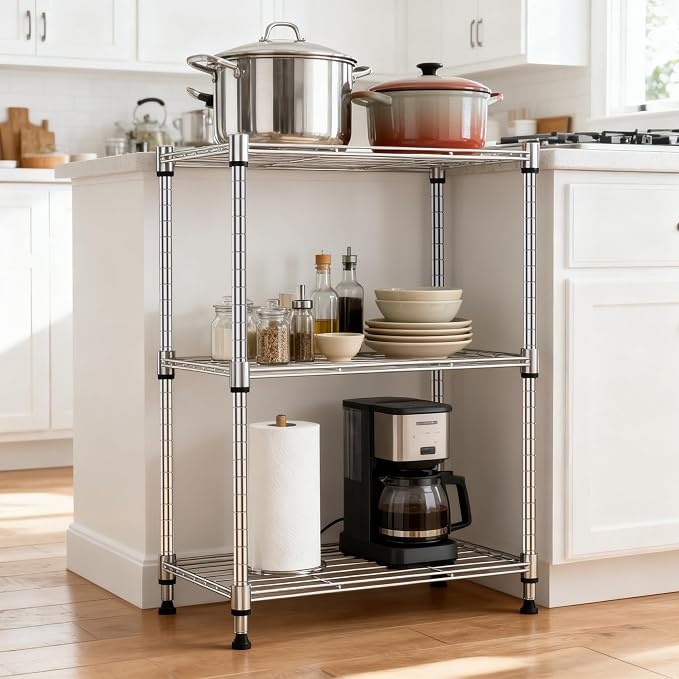 M MZG 450 lbs Wire Storage Shelving 3-Tier Utility Shelving Unit Steel Organizer Wire Rack for Home,Kitchen,Office,Chrome(11.8" D x 17.7" W x 26.4" H) - Image 6
